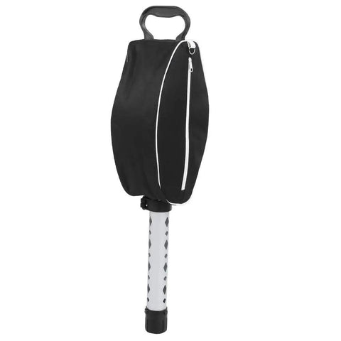 Golf Ball Picker Shag Bag With Telescopic Aluminum Tube for easy retrieval on course, shown standing with handle and storage bag