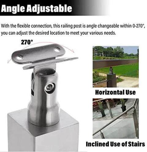 Stainless Steel 304 Railing Post Kit For Outdoor Decks And Stairs Featuring Adjustable Mounts And A Brushed Silver Finish Fit For 10 To 12 Mm Glass Panels Bringing Rock Solid Protection And Top Tier Modern Vibes, showing adjustable angle feature for versatile installation.