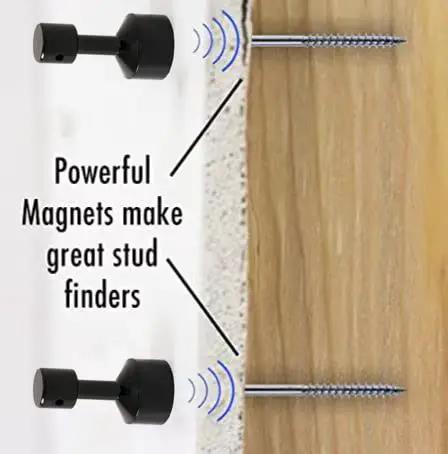 Top Shelf N52 Neodymium Magnet Key Set Slick Grip tool showing stud finder use with visible screw and wall texture.