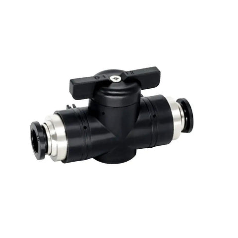 Hella Reliable Quick Snap Push To Connect Pneumatic Ball Valve with black composite housing for quarter inch tubes.