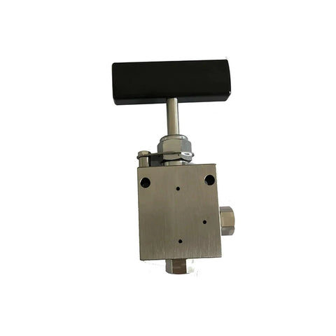 Needle valve, SS316 stainless steel, hand-operated, 60,000 PSI, front view with black rectangular T-handle