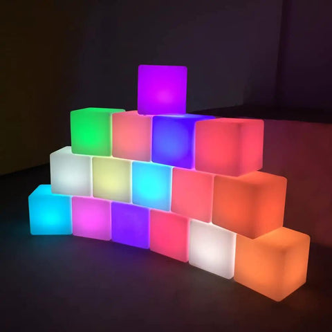 Rechargeable LED Color Changing Cube Light 8 Inch Dimmable With Remote displaying various colors in stacked arrangement.