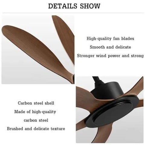 Details of Heavy Duty Industrial Ceiling Fan Without Light 116 Cm 142 Cm 6 Speed Remote Control, showing blades and carbon steel shell.