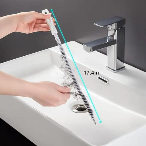 Flexible Drain Snake Cleaner Brush That Kicks Out Greasy Gunk Reusable Spiral Hair Removal Tool With Comfort Grip Handles For Sinks Showers And Bathtubs In White, 17.4 inches long in use.