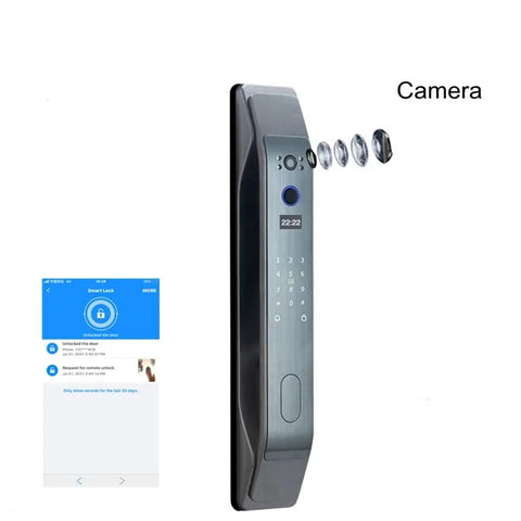 Solid Heavy Duty Smart Door Lock With APP Remote Control And Lightning Fast Fingerprint Scan Total No Sweat Home Security Keyless Entry, showing touchscreen features and app interface.