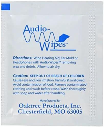 Audiologist's Choice Audio Wipes packet with blue logo, white pouch and visible directions.