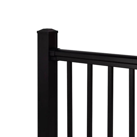 Close-up of Ultimate Deck Railing Kit with sturdy black aluminum post and balusters for 16 to 18 foot spans at 42 inches high.