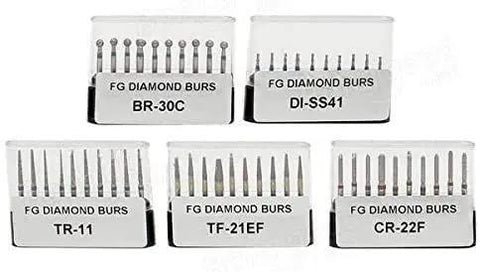 Killer Performance 50 Pc Diamond Burs FG Shank Dental Bits With Natural Diamond Coating in five labeled storage containers.