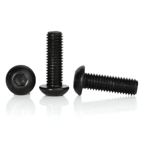 M6 Button Head Socket Cap Screws Set Alloy Steel Grade 10.9 With Allen Hex Drive, black oxide, three screws front view.