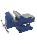 Heavy Duty 5 Inch Bench Vise with 3 3/8 Inch Throat, 6 1/2 Inch Jaw Capacity, forged iron, side view on white background.