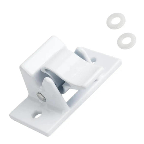 RV Awning Mounting Bracket Replacement Set for Bottom Arm, white steel and aluminum bracket with two gaskets visible