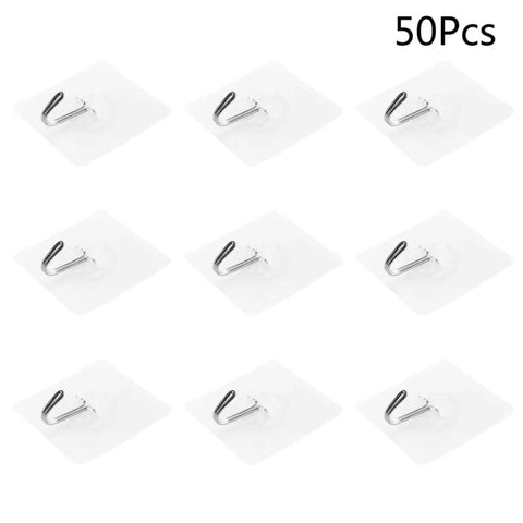 Heavy Duty Self Adhesive Hooks 50 Pack Waterproof Shower Wall Mounts No Drill Damage Free Reusable Utility Holders displayed in a grid.