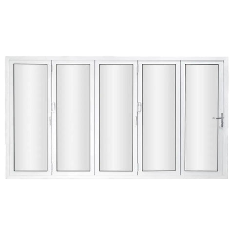 Five Panel Aluminum Folding Glass Door In White With Low E Tempered Glass And Heavy Duty Rollers, front view showing glass panels.
