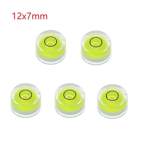 Round Bubble Level, 5-Pack for acrylic for spirit Gauge, 12x7mm size, showing five levels with bright yellow bubbles.