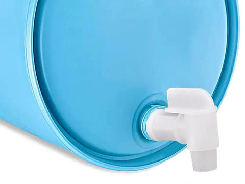 Heavy Duty Plastic Drum Spigot Built To Nix The Drip Drama And Keep Pouring Dead Simple For Three Quarter NPT Water Tanks One Inch Outer Diameters And Six Gallon Jerrycans on blue tank.