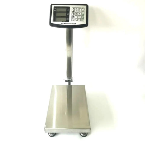 Heavy Duty Digital Floor Scale Platform With A Built Tough Design Plug And Play Setup Straight Shooting Accuracy Ready To Roll For Shipping Logistics Commercial Warehouses And Retail Shops Handling Up To 660 Pounds Smoothly, stainless steel finish with display.
