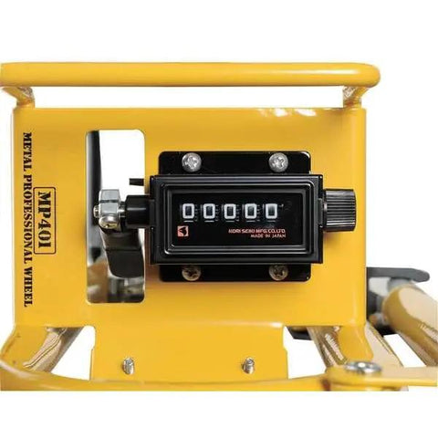 Heavy Duty Metal Frame Measuring Wheel With Foot Graduations And Geared Mechanical Clicker Counter close-up of gear counter