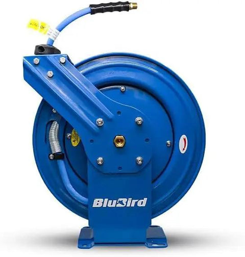 Heavy Duty One Half Inch By Five Hundred Foot Pneumatic Air Hose On Solid Wooden Spool Kink Free Ozone Guarded Rubber Cover mounted on a blue reel.