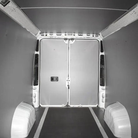 Gray Van Wall Liner Without Door Featuring Polypropylene Foam Core With Foil Thermal Insulation Direct Oe Replacement Includes All Mounting Hardware For Quick Straight Swap Install, showing rear cargo area.