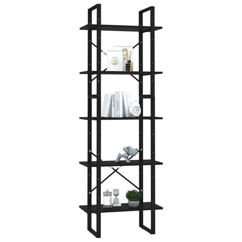 Black wall mounted book cabinet with adjustable shelves for decor storage, five tier slick modern display in engineered wood and metal.