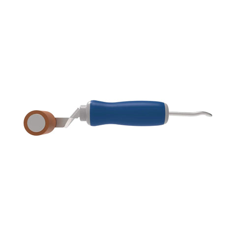 Side view of Everhard Roll-N-Chek silicone seam roller with tester probe, blue handle and brown roller