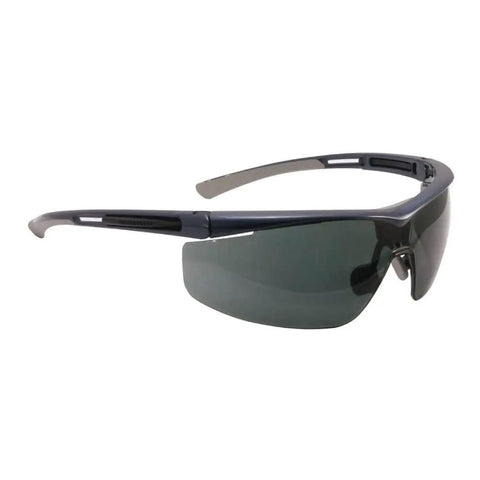 Badass Safety Replacement Glasses Wide Dark Blue Frame Smoke Lens Adjustable Nose Bridge Antifog Ventilated Shield Heavy Duty Worksite Eye Gear Comfort Fit Tough Pack Fifty side view of safety glasses.