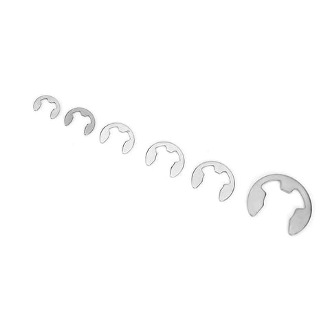 Stainless Steel E Clip Set 300 Pcs Assortment Kit M One Point Two Through M Fifteen With Storage Box For Auto Hobbyists And DIY Projects E Type Retaining Circlips shown in various sizes