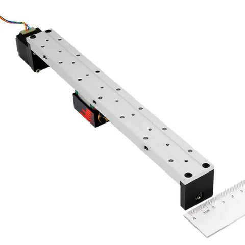 Mini Linear Rail Motion Table With Nema 14 Stepper Motor for CNC Projects, sleek design with 100mm stroke, 0.02mm repeatability, shown on white surface.