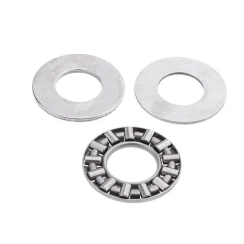Premium Needle Thrust Bearing Fits 9.9 HP And 15 HP Outboards, three metal components designed for outboard motor upgrades.
