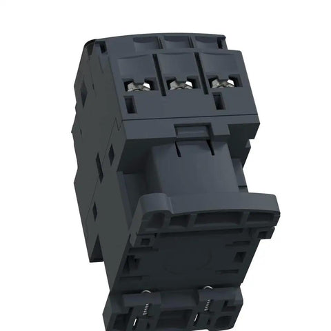 Premium Heavy Duty Three Pole Motor Contactor Featuring A Bulletproof 230V AC Coil With 12 Amp Capacity For Seamless Industrial Automation Project Deployments, showing top view of black relay unit.