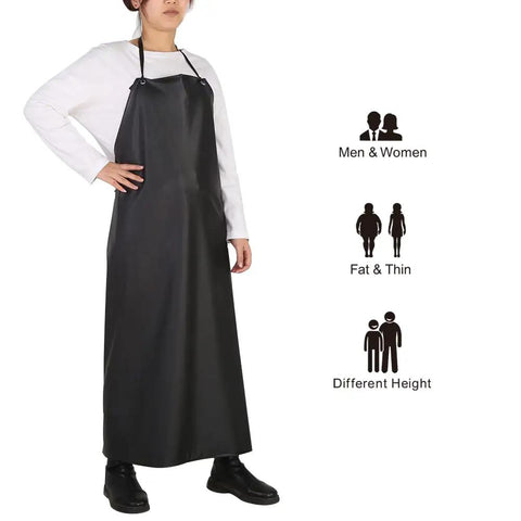 Heavy Duty Black PVC Apron For Kitchen And Workshop Chemical Resistant Waterproof Gear With Extra Long Straps Plus Size on a model