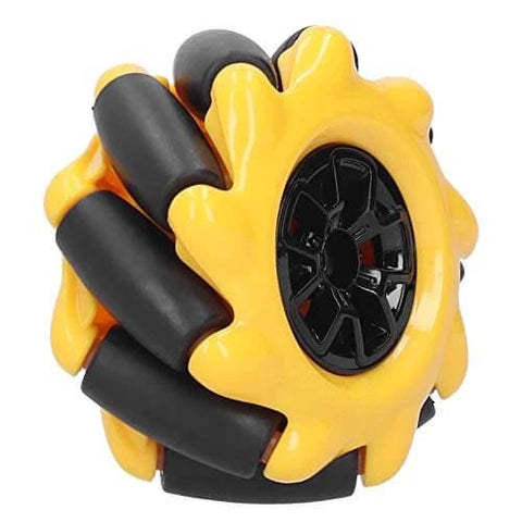 Front view of Eujgoov Mecanum Wheel, 48mm -Directional Wheel Smart Robot Car Accessories DIY Components in black and yellow