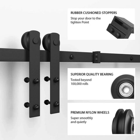 4ft Barn Door Hardware Kit with I shape hanger featuring black carbon steel track and nylon rollers close-up, shown with components