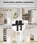 4FT Sliding Barn Door Hardware Kit for Single Doors up to 24 Inch installed in various rooms, showcasing heavy duty carbon steel track and rollers.