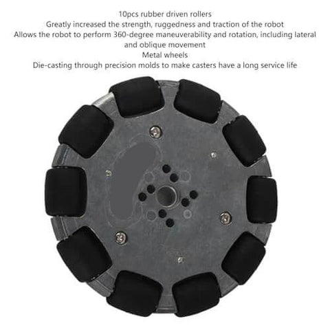Close-up of 2pcs 4 Inch Omnidirectional Wheels for Robots, industrial omni directional wheel with metal hub and rubber rollers.