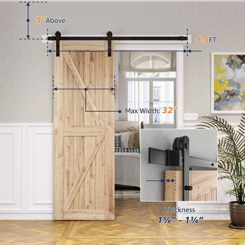 5.5ft Barn Door Hardware Kit with I shape hanger, heavy duty sliding door track with 32 inch max width and carbon steel components