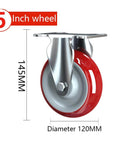 Heavy Duty Swivel and Rigid Caster Wheels with Brakes, 5 inch diameter, 145mm height, red industrial polyurethane casters