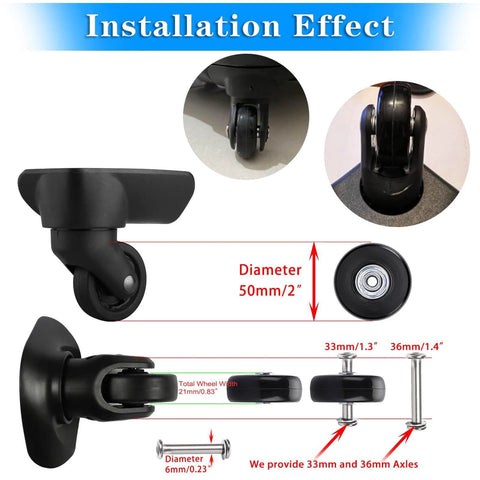 50mm x 18mm Set of 4 Luggage Suitcase Replacement Wheels, rubber swivel caster wheels installation diagram, black
