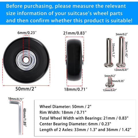 50mm x 18mm Set of 4 Luggage Suitcase Replacement Wheels, Rubber Swivel Caster Wheels Bearings Repair Kits (Black), dimensions diagram