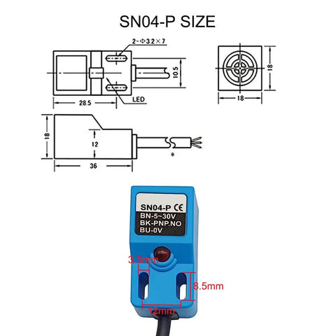 Square Inductive Proximity Sensor SN04P Normally Open PNP NO Switch 4mm Detection Range dimensions diagram.