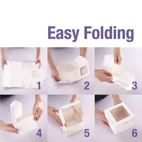 Step-by-step images demonstrating the easy folding process of Twenty Five White Bakery Boxes With Clear Window 5x5x3.5 Inch.