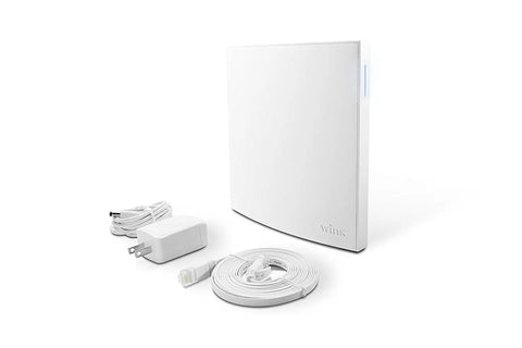 2 Smart Home Hub With Voice Control Works With Alexa And Google Assistant Lets You Control Cameras Doorbells Lighting Locks And Thermostats All From One Simple Easy To Use Center White, shown with power adapter and cable.