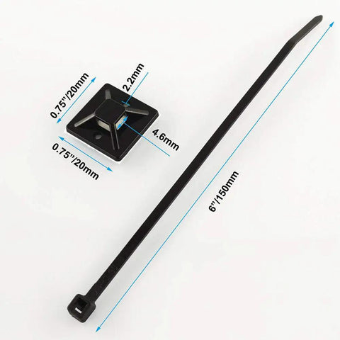 Self Adhesive Wire Clips And Cable Zip Tie Mounts Three Quarter Inch With Six Inch Zip Ties Black Outdoor UV Protected