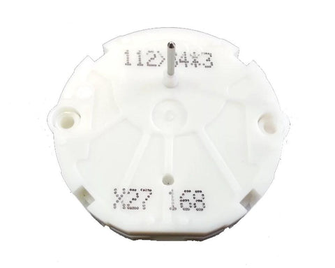 White circular GM stepper motor repair kit housing with central shaft and mounting holes (back view).
