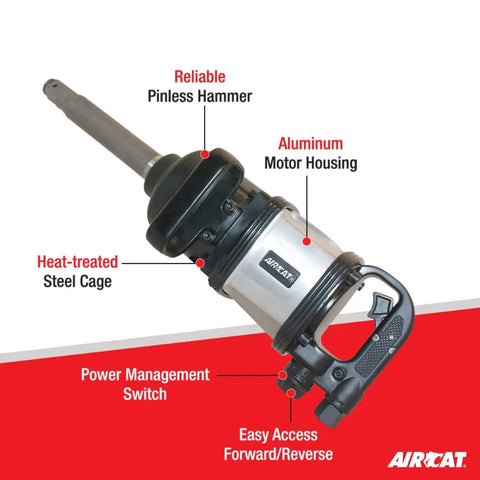 1 Inch Straight Air Powered Impact Wrench With 8 Inch Extended Anvil And 2500 Foot Pounds Of Knucklebusting Torque Pinless Hammer Construction Brushed Aluminum Housing Rig Ready Beast with labeled features.