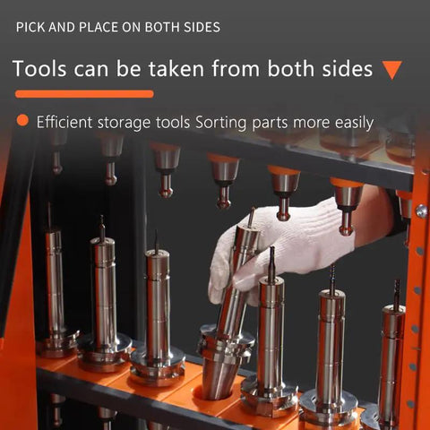 Rock Solid CNC Tool Holder Vertical Drawer Cabinet Heavy Duty Steel Storage Workstation With Massive Capacity Built Different For Shop Floor And Machining Center showcasing dual-access tool storage system.