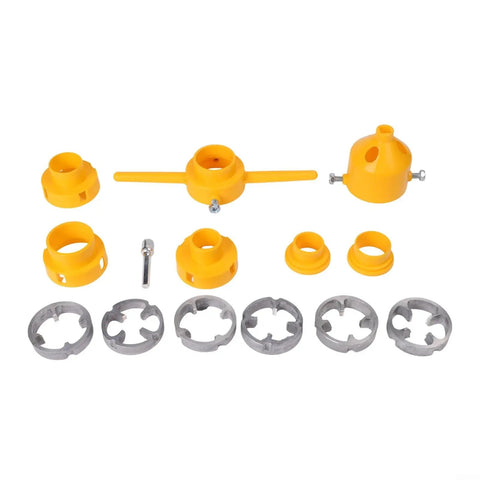 Pro Tip Ratchet Pipe Threader Kit For PVC Pipes parts, including yellow plastic dies and metal threading components.