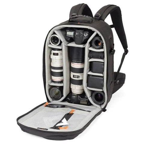 Urban Style Dope 17 Inch DSLR Laptop Backpack With Dedicated Camera Gear Compartments open showing camera equipment inside.