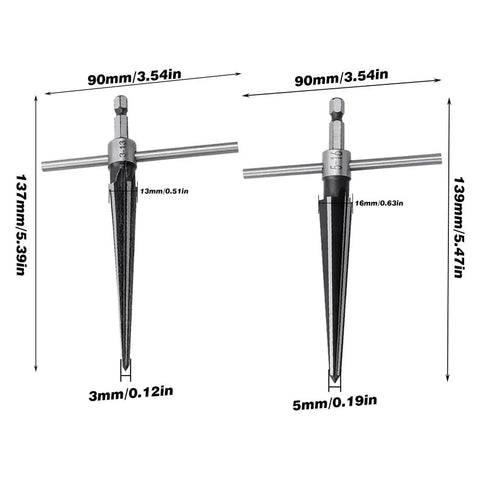 Two Pack Guitar Bridge Pin Reamer Set With T Handle For Precise Pin Holes 6 Fluted Tapered Chamfer Reamers Showing Size Dimensions