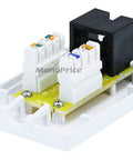 Cat6 RJ45 Surface Mount Wall Box Single Port With Dual IDC Punch Down Blocks UL Listed TAA Compliant White Heavy Duty Shell view with connectors.